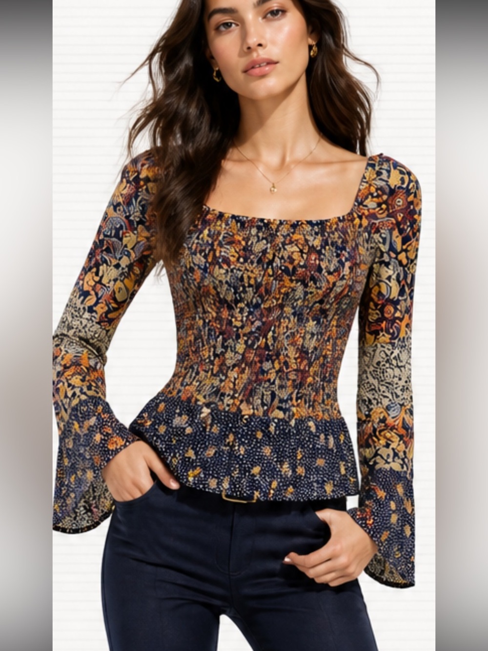 Peasant top | Boho Chic Floral print ruched & ruffles long sleeve top NWOT L